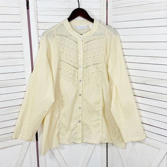 First Issue Liz Claiborne Beaded Oversized Button Front Shirt Cream 1 14W 16W - Picture 7 of 11